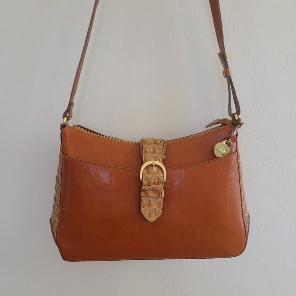 Brahmin Isabelle Croc Embossed Leather Cross Body Shoulder Bag Brown - Picture 1 of 9